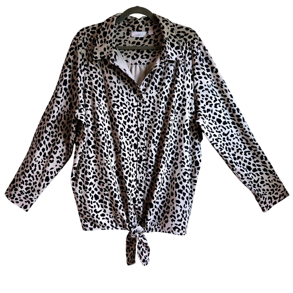 Belle by Kim Gravel Leopard Print Button/Tie Front‎ Top Women's 2X Cream Black